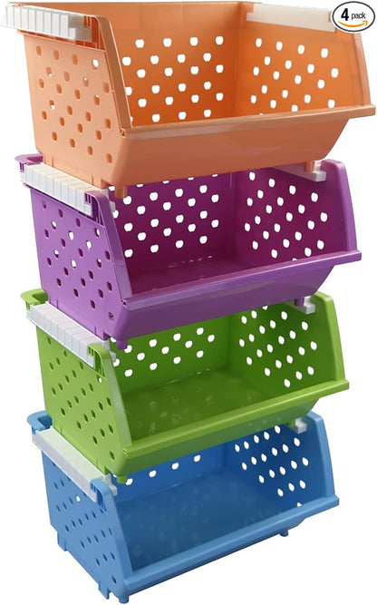 Asking 4-Pack Colorful Plastic Stackable Kitchen Storage Basket, Stacking Organizer Bin
