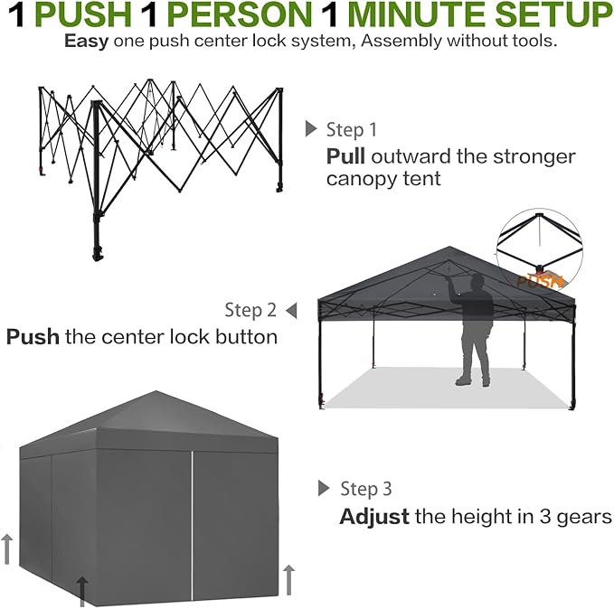 Tunbne 10X10 Comercial Pop Up Canopy Tent with 4 Sidewalls and 6 Pockets, One Push Setup Center Lock, for Beach Patio Outdoor, Case, 8 Stakes, 4 Ropes, 4 Sandbags (Charcoal Grey)