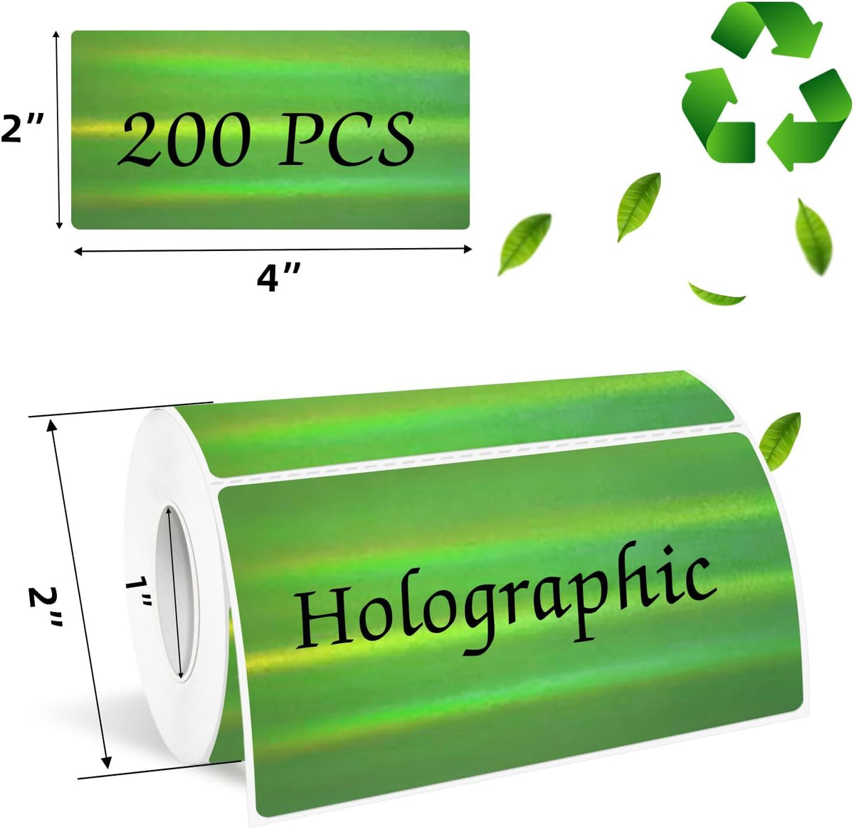 2x4 Inch Holographic Thermal Labels, Green Direct Thermal Stickers Label, Self-Adhesive Glitter Thermals Printer Sticker Labels, Perforation Line Design- 200Pcs/ 1 Roll