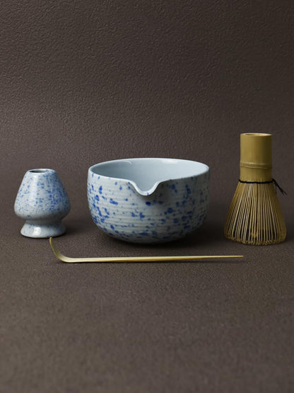 Artcome Matcha Tea Set - Ceramic Matcha Bowl with Pouring Spout, Bamboo Whisk, Whisk Holder, Tea Scoop & Matcha Manual - Complete Traditional Japanese Tea Ceremony Kit for Home, Office, or Gift, Blue