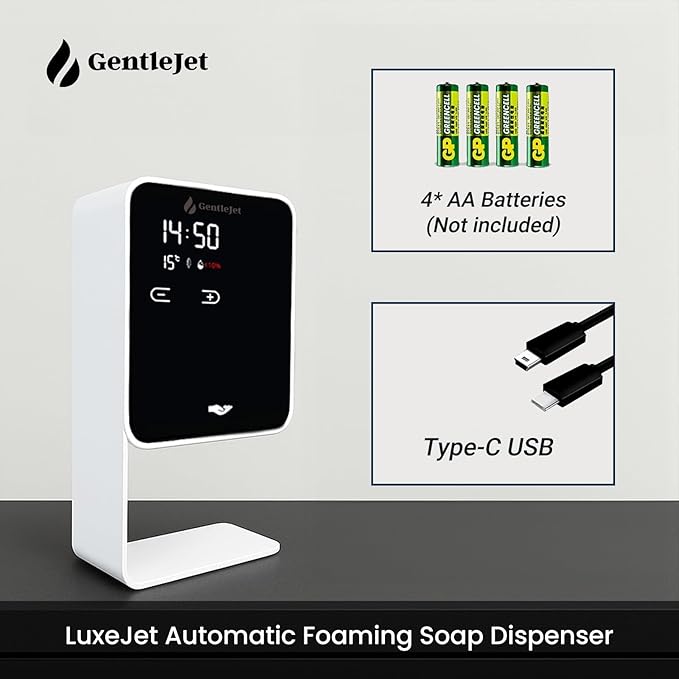 GentleJet LuxeJet Automatic Foaming Soap Dispenser – Touchless Sensor, LED Display, 5 Foam Levels, Wall Mount or Countertop, Rechargable USB-C or Battery Powered, Aluminum Alloy, 480 ml Refillable