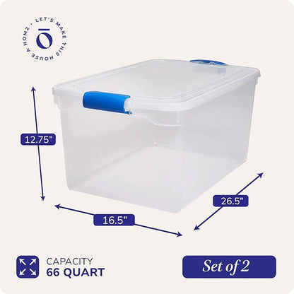 HOMZ 2-Pack Latching Lid, Large Clear Plastic Storage Bins with Lids, 66 Quart, Blue Latch - Stackable Container Boxes for Home, Bathroom, and Office Organization