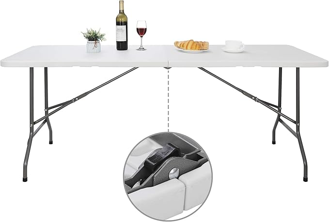 6 FT Folding Table, Fold in Half, Heavy Duty Portable Plastic w/Handle for Picnic Party Camping Dining Indoor Outdoor - Lightweight White