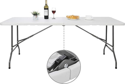6 FT Folding Table, Fold in Half, Heavy Duty Portable Plastic w/Handle for Picnic Party Camping Dining Indoor Outdoor - Lightweight White