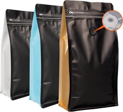 Coffee Bags with Valve (60 PCS,16oz/1lb) Black Side Color High Barrier Aluminum Foil Flat Bottom Standing Coffee Beans Storage Packaging Bags