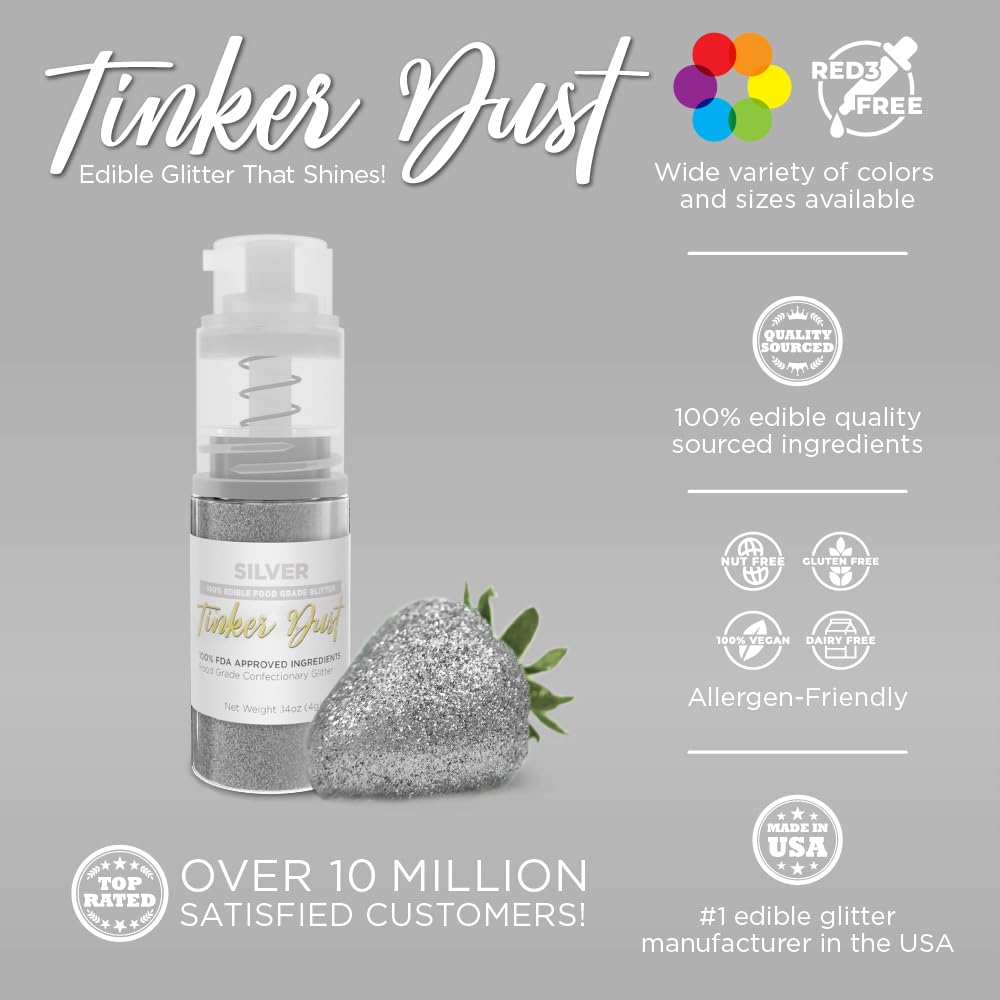 Bakell - Silver Tinker Dust (4g, 1x Mini Spray Pump) Edible Glitter for Food, Desserts, and Beverages!