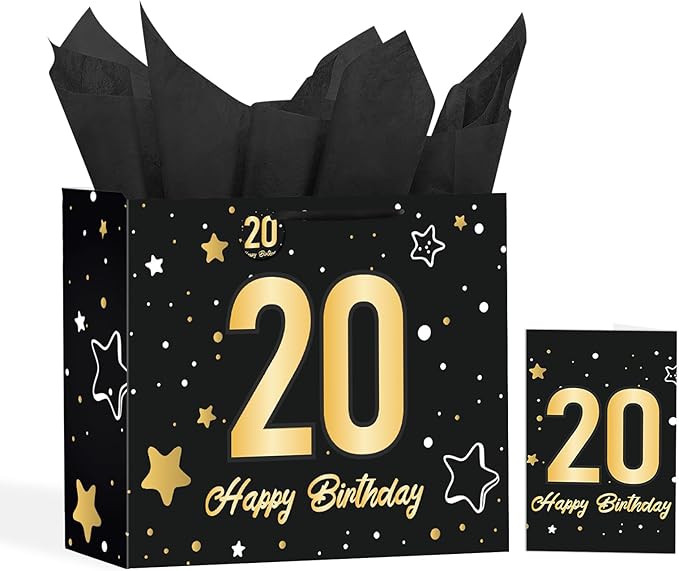 Powbrace 13" Black 20th Birthday Gift Bag with Tissue Paper and Greeting Card for Party,Happy Birthday Gift Bag for Men Women,Gift Bags Medium size(1 Black 20th)