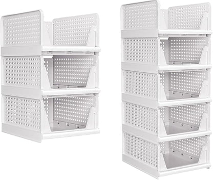 3 Pack Stackable Closet Organizer, Folding Closet Container, Plastic Storage Basket White Pull Out Shelves
