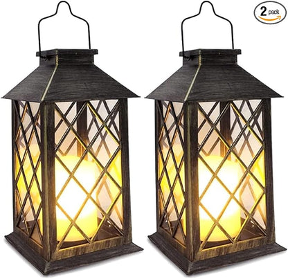 SHYMERY Solar Lantern,Outdoor Garden Hanging Lanterns,2 Pack 14 Inch Lasts 3X Longer 10 lumens Waterproof LED Flickering Flameless Candle Mission Lights for Table,Outdoor,Party Decorative