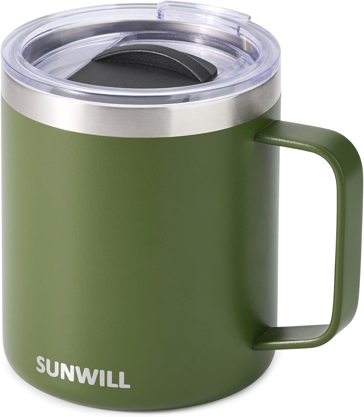 Sunwill Travel Coffee Mug with Lid, Insulated Tumbler with Handle, 14 oz Stainless Steel Cup for Camping, Office, Home, Powder Coated Olive