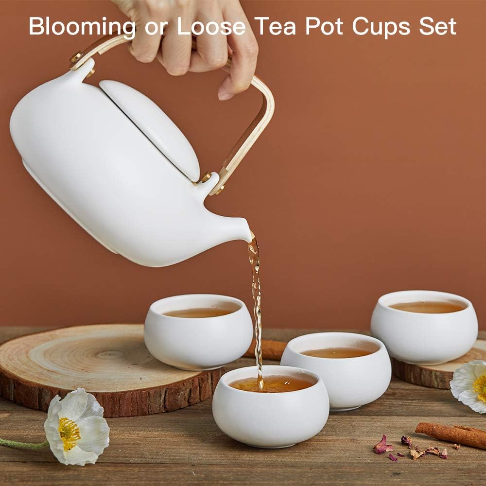 Zens Modern Japanese Tea Set, 27 oz Ceramic Japanese Teapot with Fine Stainers and 4 Cups for Loose Leaf Tea Steeper