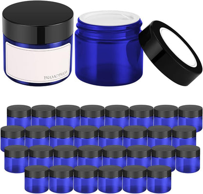 Bumobum 2 oz Glass Jars with Lids, 48 pack Blue Round Small Containers with Black Lids, Blank Labels & Inner Liners