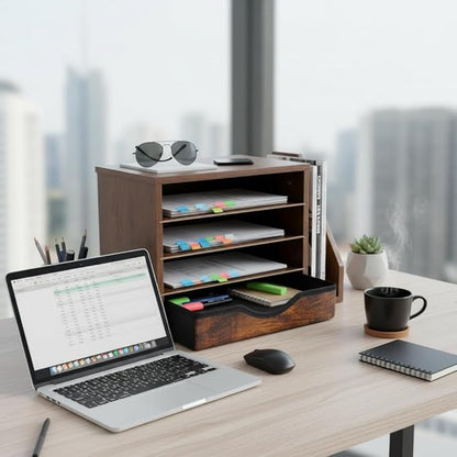 Wooden Desk Organizer with Drawers, Office Organizers, 4 Tier Desk Organizer and Accessories, Paper File Mail Organizer, Brown