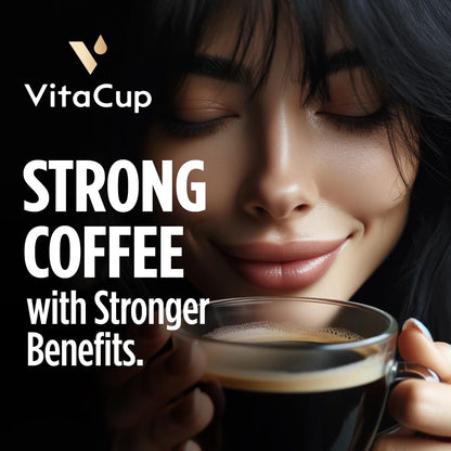 VitaCup Extra Shot Strong Coffee Pods, Bold & Intense Dark Roast w/Espresso Shot, High Caffeine, Vitamin B12, Antioxidants, Recyclable Single Serve Pod Compatible with Keurig K-Cup Brewers, 64ct