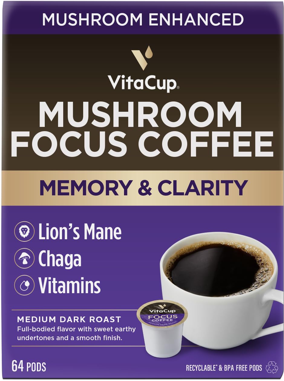 VitaCup Focus Mushroom Coffee Pods, Boost Focus & Immunity w/Lions Mane, Chaga, B Vitamins, D3 for Memory & Clarity, Medium Roast, Recyclable Single Serve Pod Compatible w/Keurig K-Cup Brewers,64 Ct