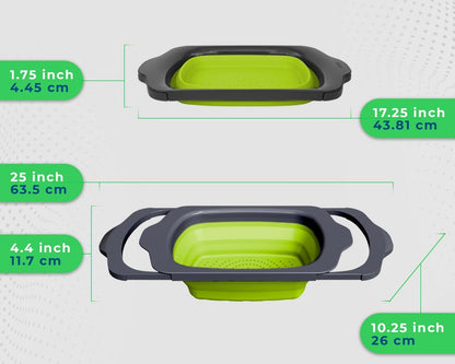 XL Large Kitchen Strainer by Comfify - Collapsible Silicone Over-The-Sink Colander with Extendable Handles - Use with Pasta, Fruit, Berries & Veggie - 6 Quart - Green