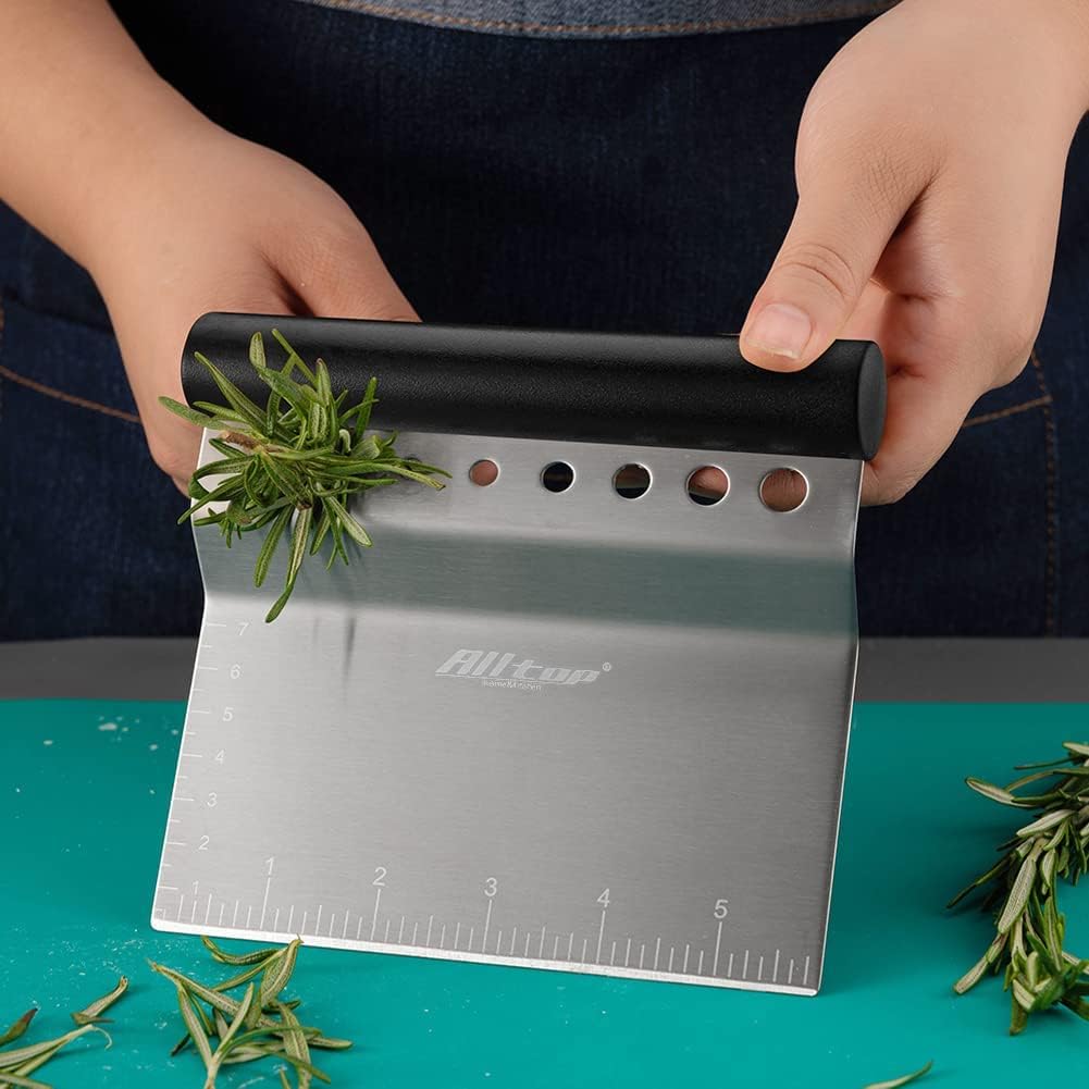 Alltop Bench Scraper & Chopper with Herb Stripper,Stainless Steel Multipurpose Kitchen Baking Tool for Bread Dough Pastry Cake -Leaf Remover with