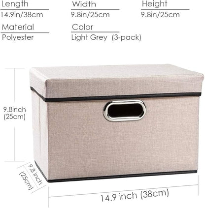 PRANDOM Foldable Storage Bin with Lid [3-Pack] Linen Fabric Decorative Storage Box Organizer Container Basket Cube with Handles Divider for Closet Office Living Room Light Grey(14.9x9.8x9.8)