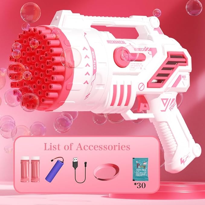 Bubble Gun for Kids, 69-Hole Bubble Machine with LED Lights, 69 Hole Bubble Blaster Blower, for Ages 3+, Summer, Birthday, Party Wedding Outdoor (Pink)