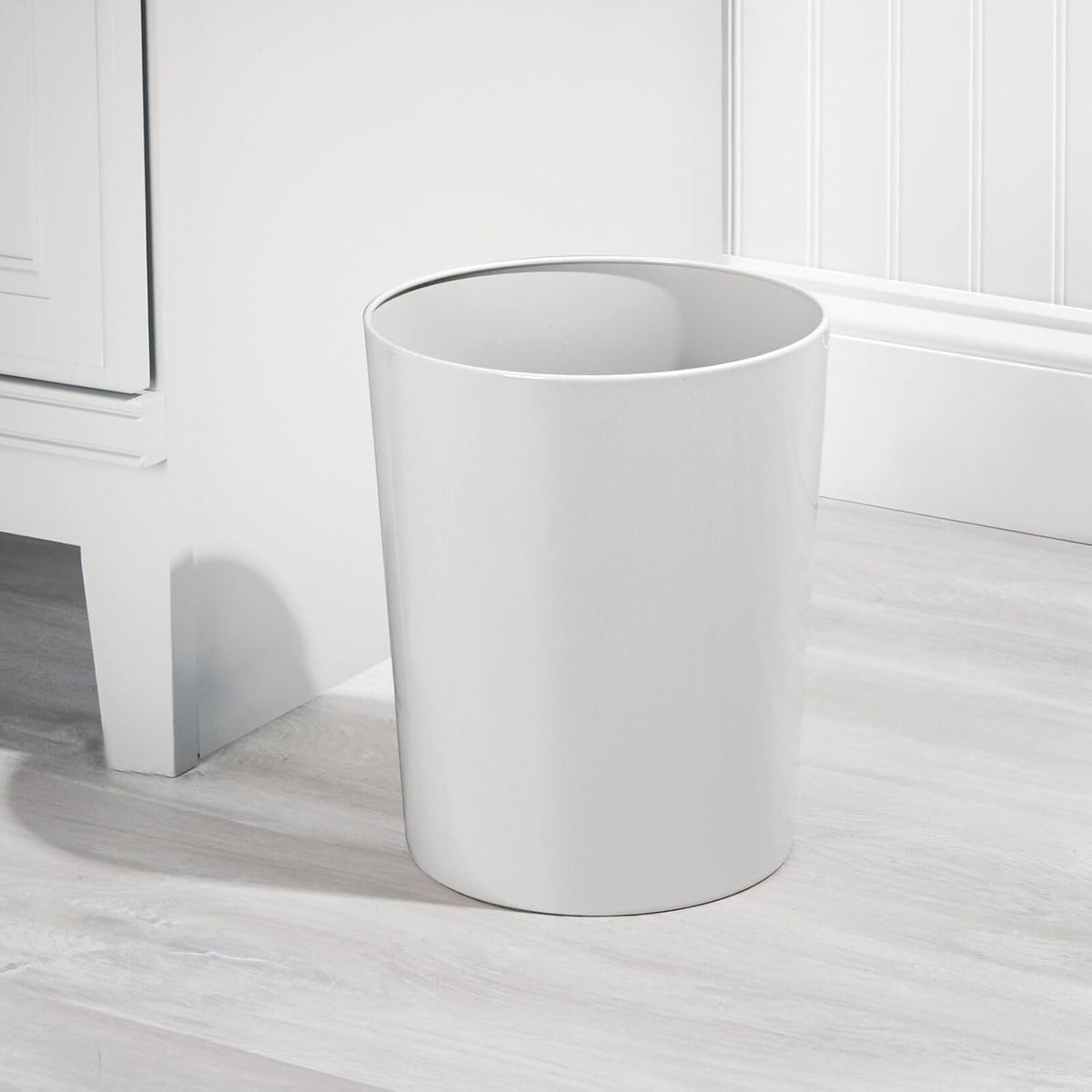 mDesign Round Metal Small 1.7 Gallon Recycle Trash Can Wastebasket, Garbage Container Bin for Bathrooms, Kitchen, Bedroom, Home Office - Durable Stainless Steel - Mirri Collection - Light Gray