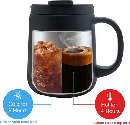 11OZ 330ML Stainless Steel Insulated Coffee Mug with Handle, Double Wall Stainless Steel Tumbler Cup with 2 Lids, Black