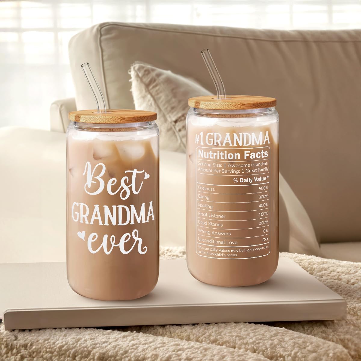 Grandma 16 Oz Can Glass Tumbler with Bamboo Lid and Straw - Iced Coffee Cups for Women