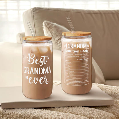 Grandma 16 Oz Can Glass Tumbler with Bamboo Lid and Straw - Iced Coffee Cups for Women