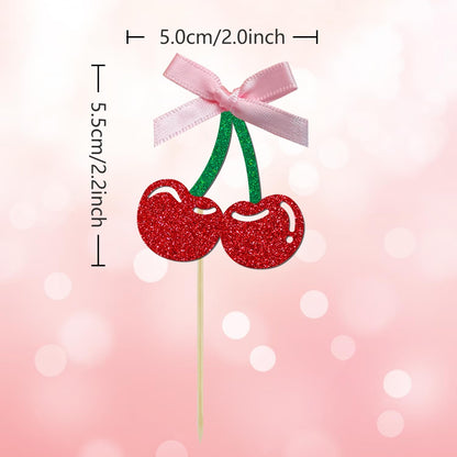 24 Pack Cherry Cupcake Toppers, Glitter Sweet Cherry Cupcake Pick for Fruits Theme Baby Shower and Birthday Decorations Supplies