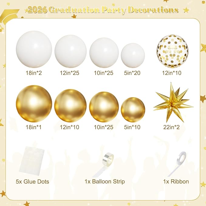 White and Gold Balloon Arch Kit, 130Pcs White and Gold Graduation Decorations with Gold Foil Star Confetti Balloons for College High School Graduation Decorations Class of 2026