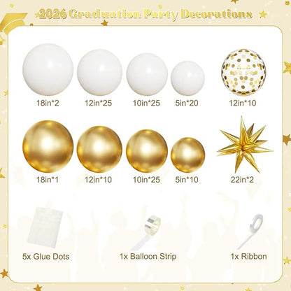 White and Gold Balloon Arch Kit, 130Pcs White and Gold Graduation Decorations with Gold Foil Star Confetti Balloons for College High School Graduation Decorations Class of 2026