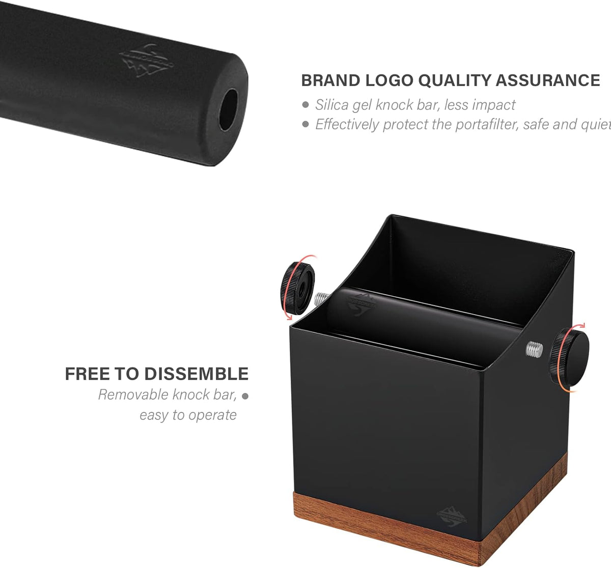 CrossCreek Coffee Knock Box, 2.5L Large Espresso Grounds Container, Metal & Walnut Wood, Removable Silicone Knock Bar & Non-Slip Base