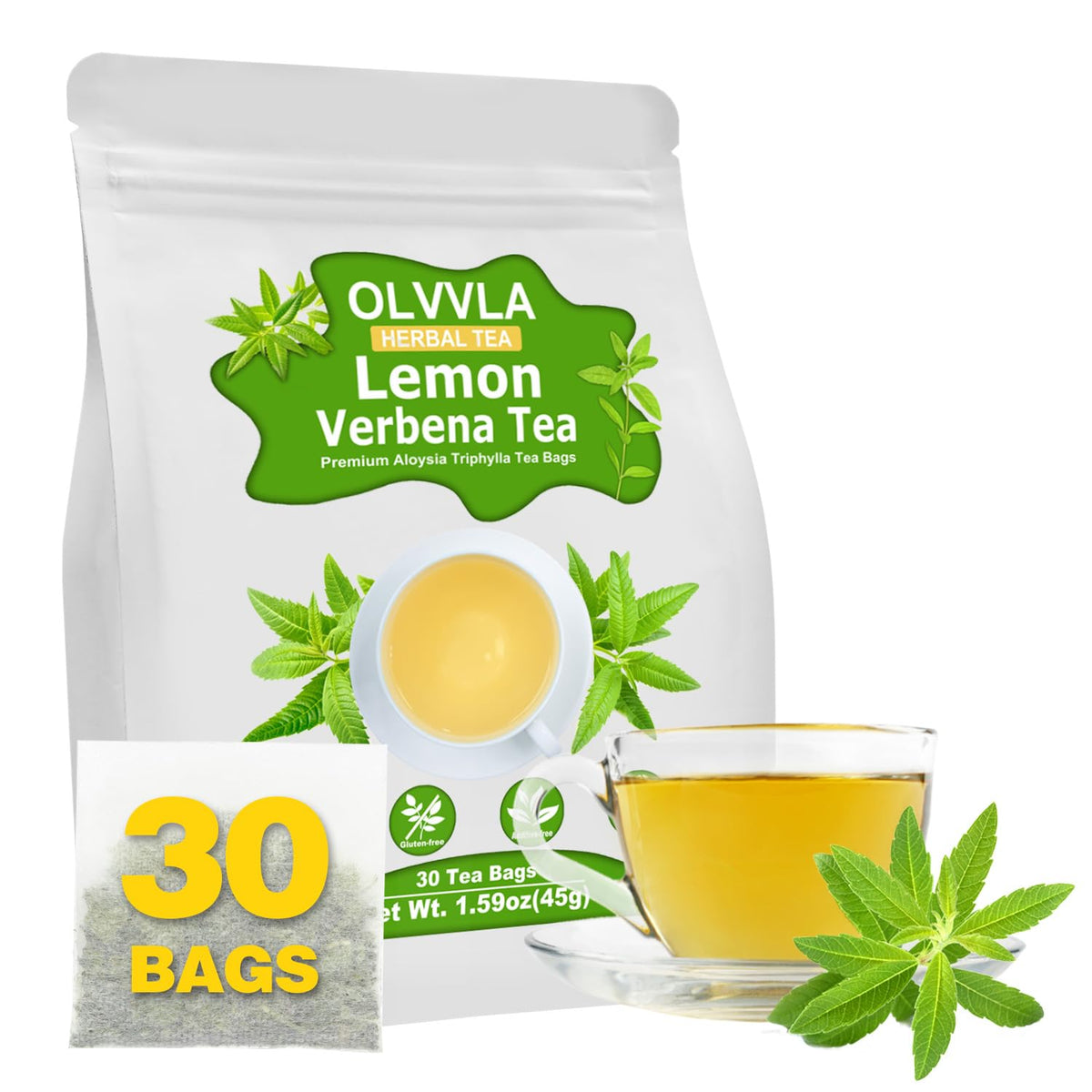 Olvvla - Premium Lemon Verbena Tea Bags - 1.5g X 30 Count - Pure Natural Cedron Herb - Caffeine-free - Non-GMO - Lemon Tea - Verbena Tea