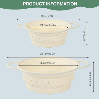 Strainers and Colanders, Silicone Collapsible Sink Collander, 13in, Strainers and Colanders for Kitchen, Large Drainer for Vegetable, Food, Pasta (White) (2)