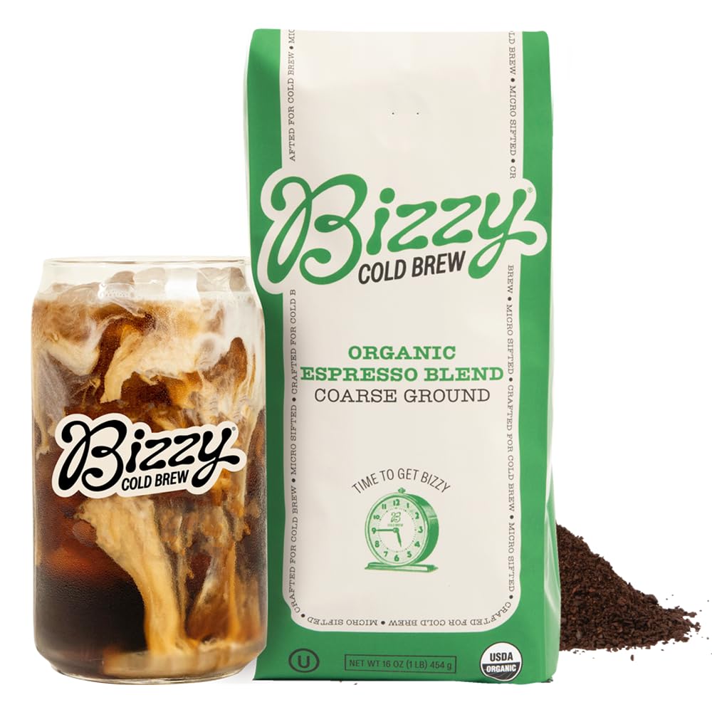 Bizzy Organic Cold Brew Coffee, Espresso Blend, Coarse Ground Coffee, Medium-Dark Roast, Micro Sifted, Specialty Grade, 100% Arabica, 1 LB