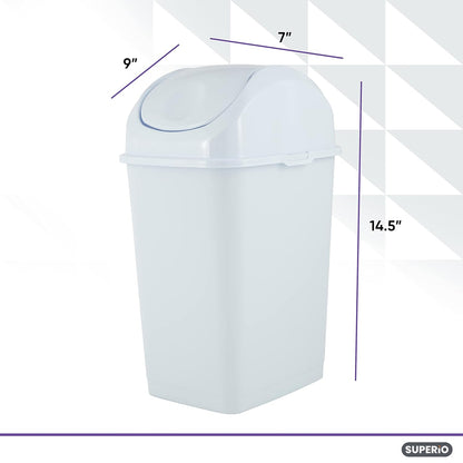 Superio Small Plastic Trash Can with Swing Top Lid, Compact Slim Waste Bin for Under Desk, Office, Bedroom, Bathroom, Dorm Room, 10 Qt. Portable Garbage Can 2.5 Gallon (White, 2 Pack)