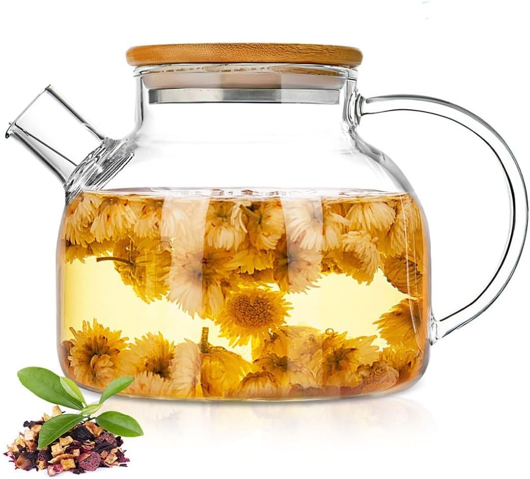 Glass Teapot 34oz/1000ml, Stovetop & Microwave Safe Borosilicate Tea Pot,Clear Teapot with Strainer
