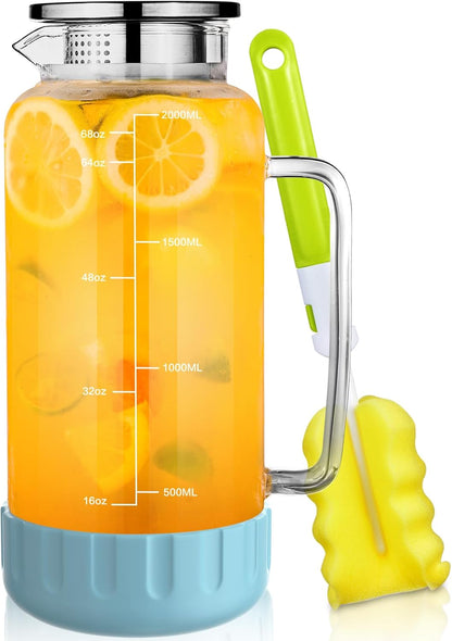 Aofmee 68oz Glass Pitcher with Lid, 2 Liter Water Carafe with Silicone Base and Precise Scale Line, Ice Tea Pitcher for Fridge