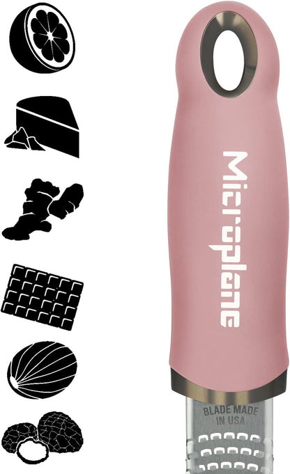 Microplane Zester Grater in Dusty Rose for Citrus Fruits, Hard Cheese, Ginger, Chocolate and Nutmeg with Fine Stainless Steel Blade - Made in USA
