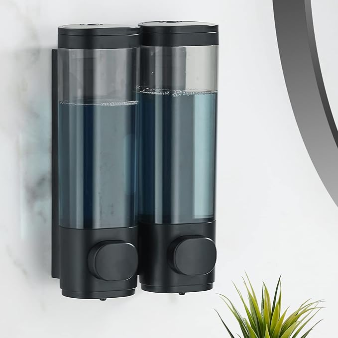 Pollock Shower Dispenser 2 Chamber No Drill Shampoo Conditioner Body Wash Dispenser for Bathroom, Large Capacity, Black