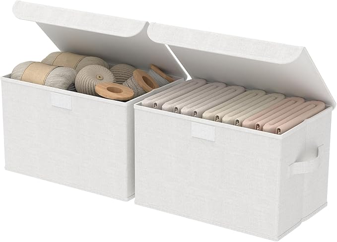 Fabric Storage Bin with Lid, Closet Boxes with Cover, Collapsible Stackable Organizer Basket with 2 Handles, for Home and Bedroom, 2 Pack, White, 10.2 x 7.9 x 6.7 In, XSNY12WS-2