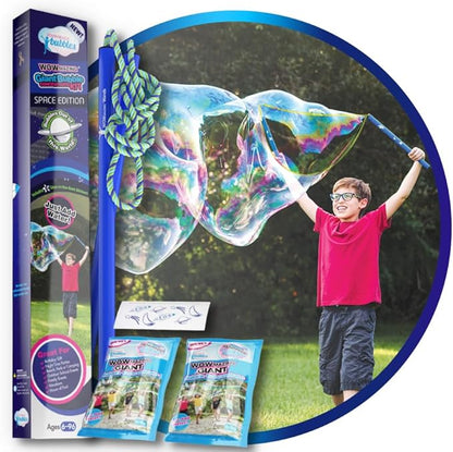 WOWMAZING Giant Bubble Kit: Space - Incl. Wand, 2 Big Bubble Concentrate Pouches and 8 Glow-in-The-Dark Stickers | Outdoor Toy for Kids, Girls | Bubbles Made in The USA - Space Kit