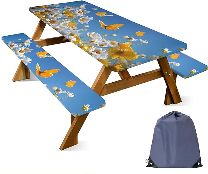 ANNA QUEEN 6FT Daisy Spring Picnic Table Cover with Bench Covers Picnic Table Cover Set 3PCS 72"x30", Outdoor Bench and Tablecloth Furniture Protection