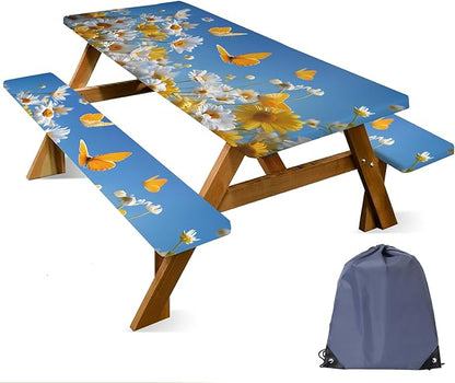 ANNA QUEEN 6FT Daisy Spring Picnic Table Cover with Bench Covers Picnic Table Cover Set 3PCS 72"x30", Outdoor Bench and Tablecloth Furniture Protection