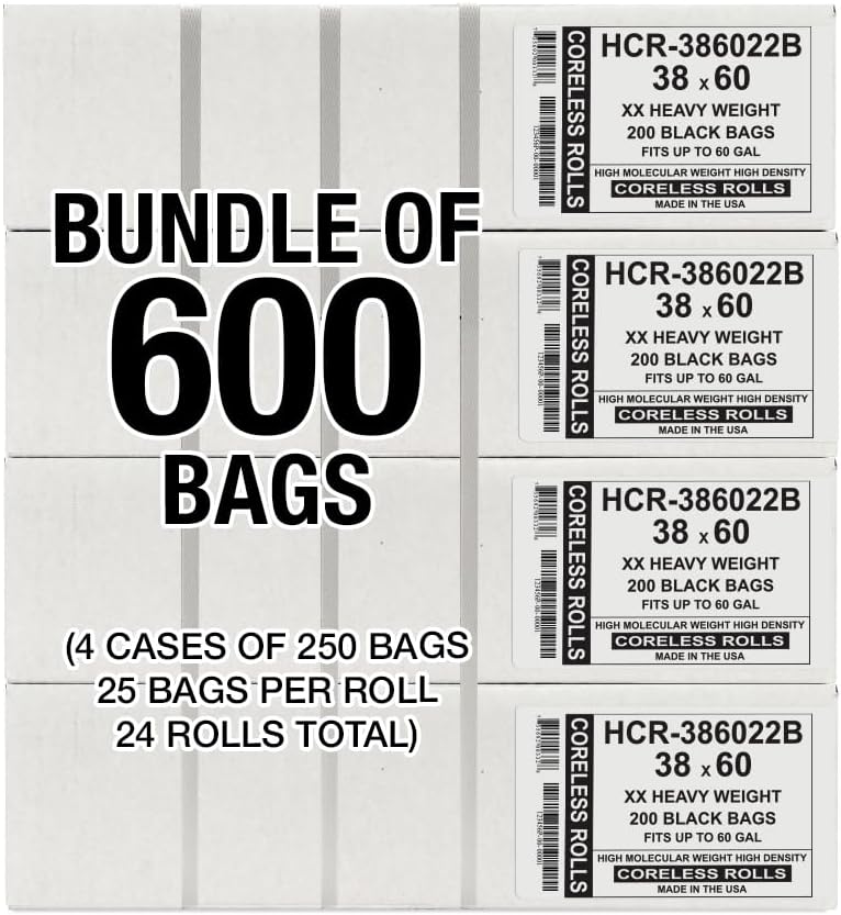 Aluf Plastics High Density Trash Bags, 60 Gallon, 600 Count, 22 Micron (eq), 38" x 60", Black, for Bathroom, Office, Industrial, Commercial, Janitorial, Municipal, Recycling