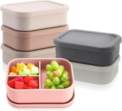 Honeydak 6 Pcs Silicone Bento Box 3 Compartment Reusable Lunch Container Smooth and Leakproof Meal Prep Lunch Box with Lid Stackable Meal Prep Container for Work Travel, 6 Colors(Light Colors)