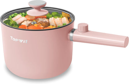 Topwit Hot Pot Electric, 1.5L Ramen Cooker, Portable Non-Stick Frying Pan, Electric Pot for Pasta, Steak, BPA Free, Electric Cooker with Dual Power Control, Over-Heating & Boil Dry Protection, Pink