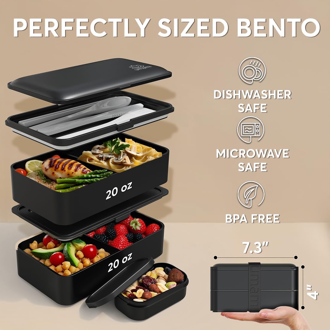 Umami Bento Box Adult All-In-1 w/4 Utensils, Sauce Jar, 2 Dividers, 100% Leakproof, Microwave & Dishwasher Safe, Stackable Bento Lunch Box Containers for Men/Women, Matte Black, 40 oz