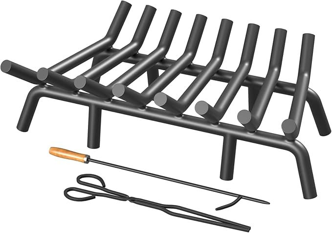Fireplace Grate 24 Inch with 8 Support Legs, Round Solid Steel Heavy Duty Fireplace Log Holder with Fire Tongs & Poker, Fireplace Log Grate for Indoor Fireplace and Outdoor In-ground Firepit