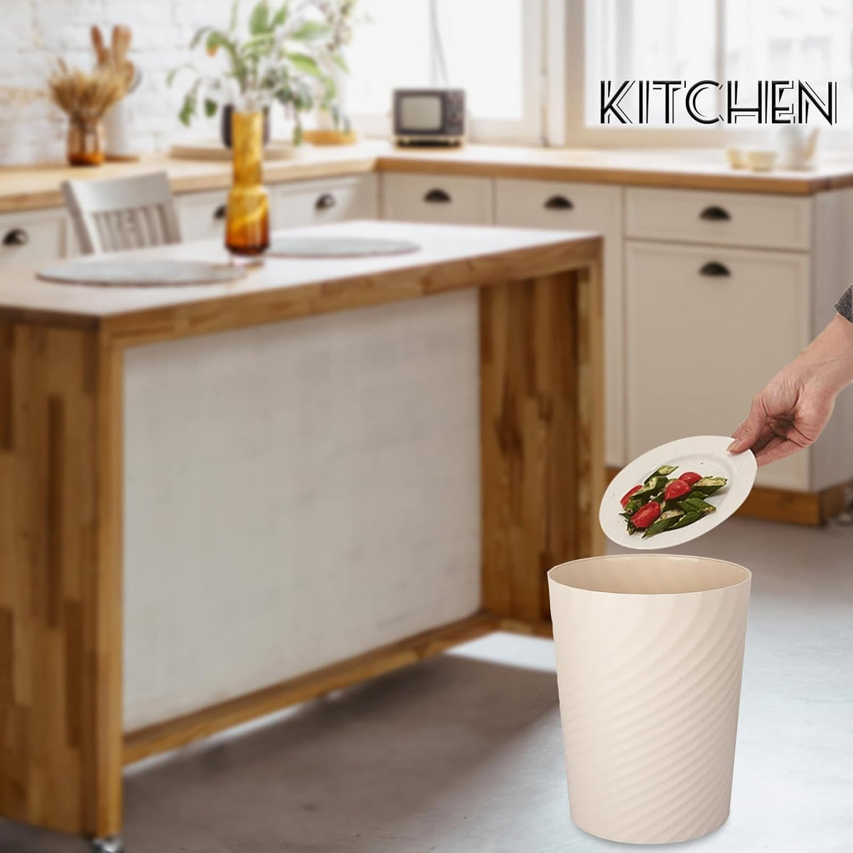 UUJOLY Plastic Small Trash Can Wastebasket, Garbage Container Basket for Bathrooms, Laundry Room, Kitchens, Offices, Kids Rooms, Dorms, (Beige, 1.8 Gallon)