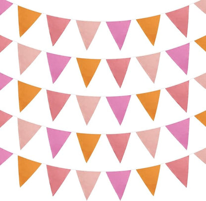 Zwiebeco 39Ft Orange Pink Fabric Bunting Banner Triangle Flags Party Decorations Hanging Cotton Garland Pennant for Engagement Wedding Baby Shower Birthday Festivals Nursery Home Outdoor Garden